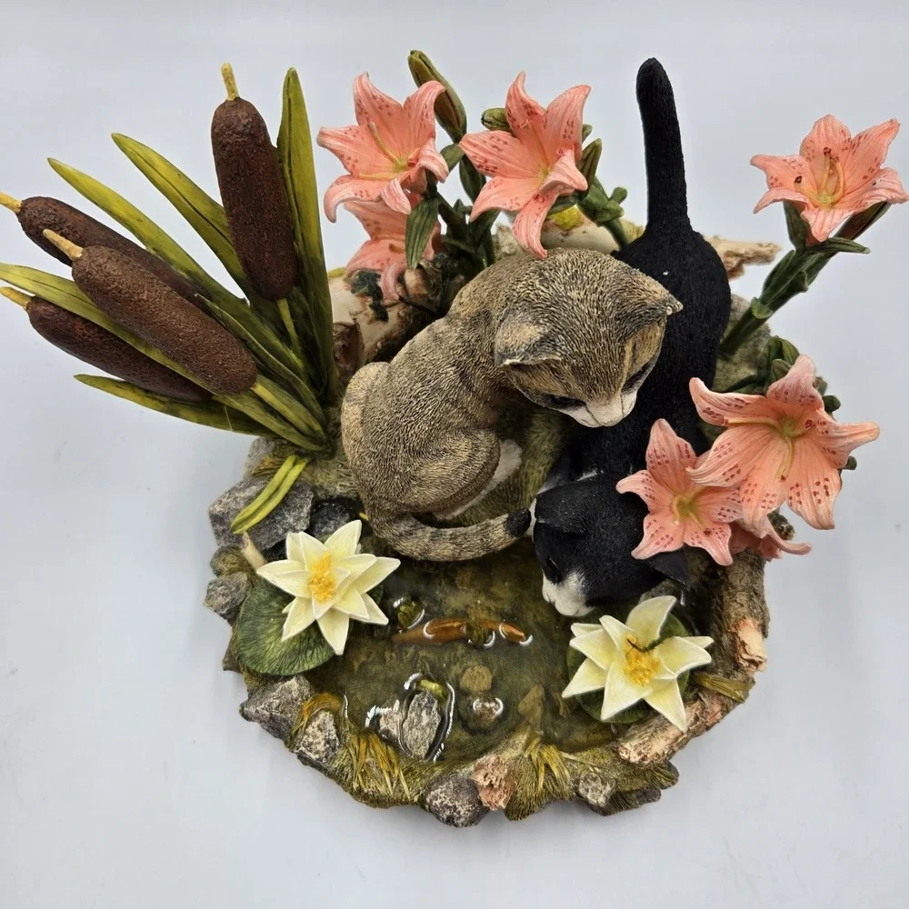 2001‎ Lenox Figurine Afternoon Amazement Kittens Cats Flowers Koi Pond Rare Read
